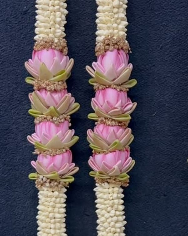 Pink lotus-petal wedding garland pair